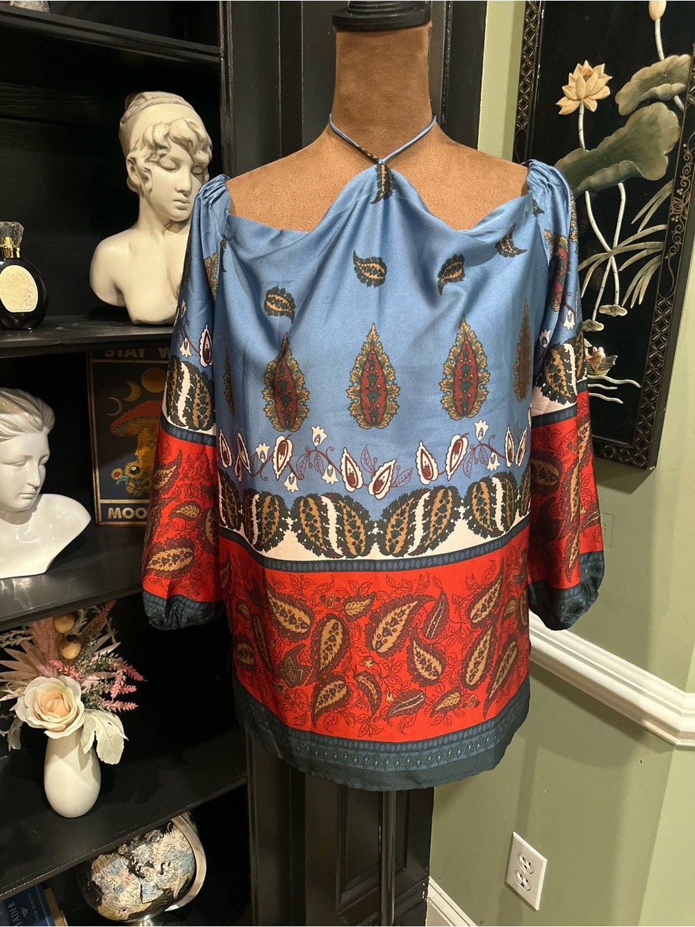 LOFT Off‑Shoulder Paisley Satin Top – Blue & Red – Halter Neck – Size Medium